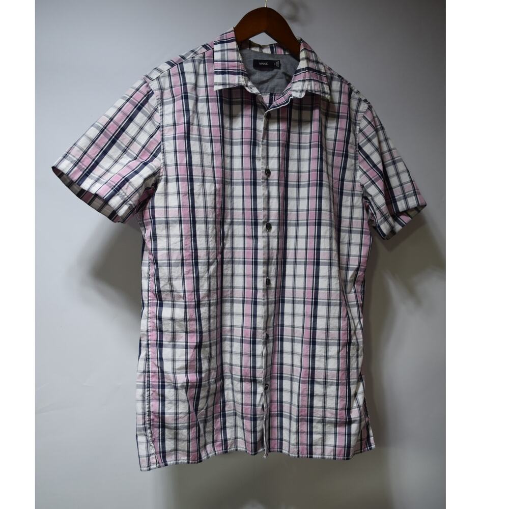 Vince Men's Pink Blue Plaid Short Sleeve Button Front Shirt Medium 100% Cotton
